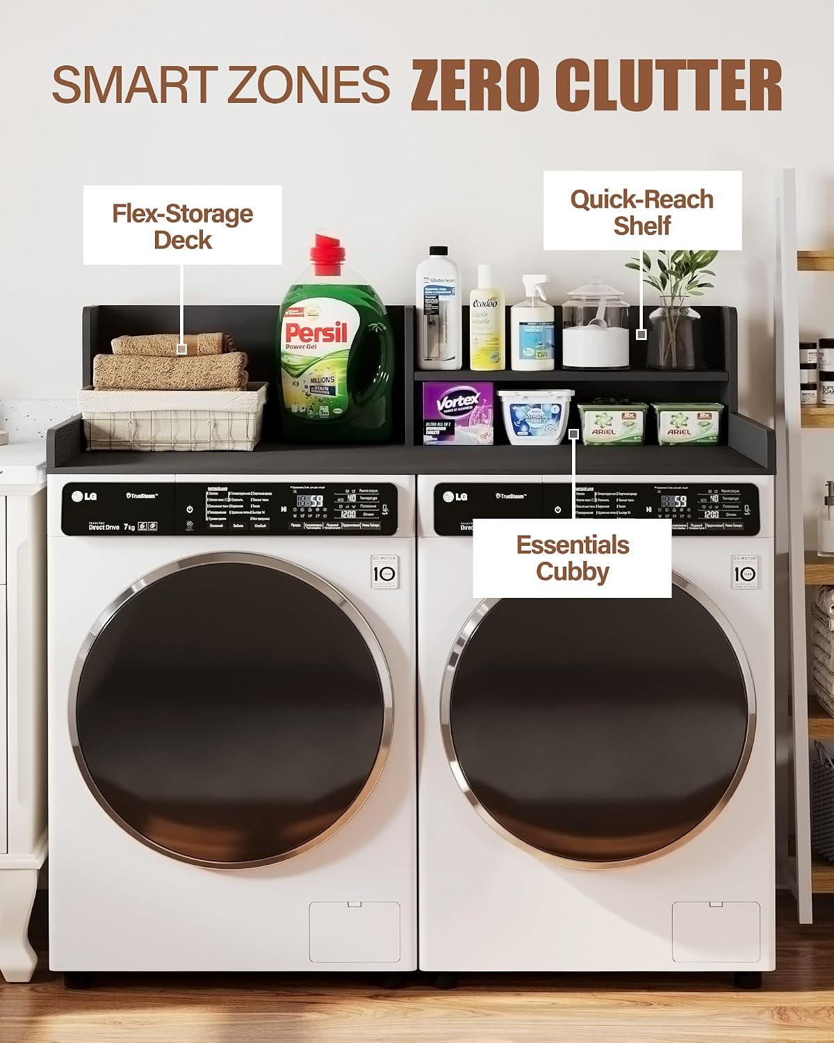 Premium HDPE washer dryer countertop with shelf 54'x27.5' – Waterproof washer dryer topper for Laundry Room Organization, Durable washer and dryer countertop for Folding Clothes, Sorting & Storage