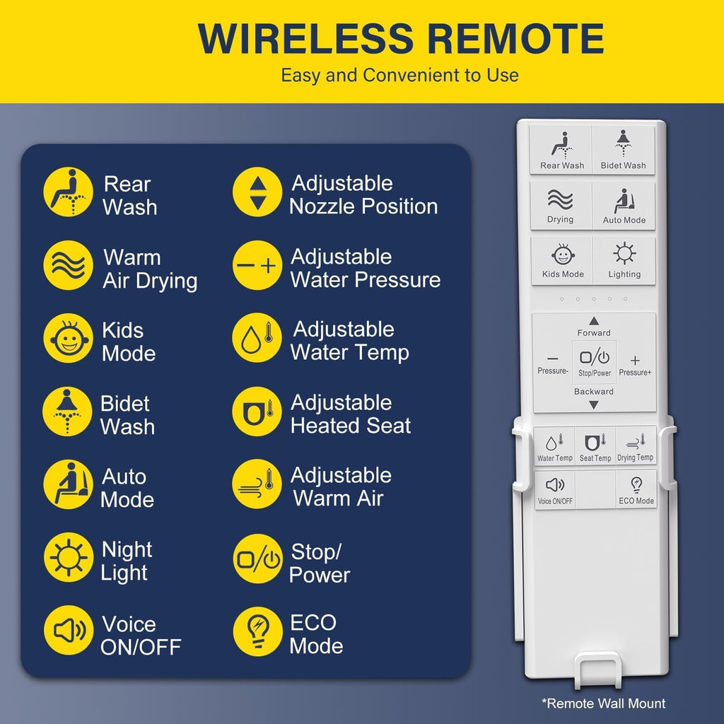 Bidet Toilet Seat 102S-W, Electronic Heated Seat with Unlimited Warm Water for Bathroom, Remote Control, Turbo Wash & Dryer, Night Light, Easy Install-Perfect for Home Bathroom Use