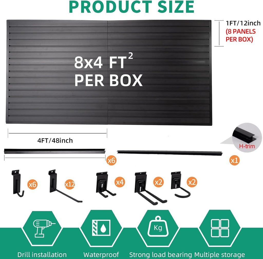 FRAYSCENT Slat Wall Paneling Garage Slat Wall Storage Systems Slatwall Panels Power Tool Organizer Wall Mount, PVC Garage Storage & Organization Products Slate Board (Black, 4ft x 8ft with 26 Hooks)