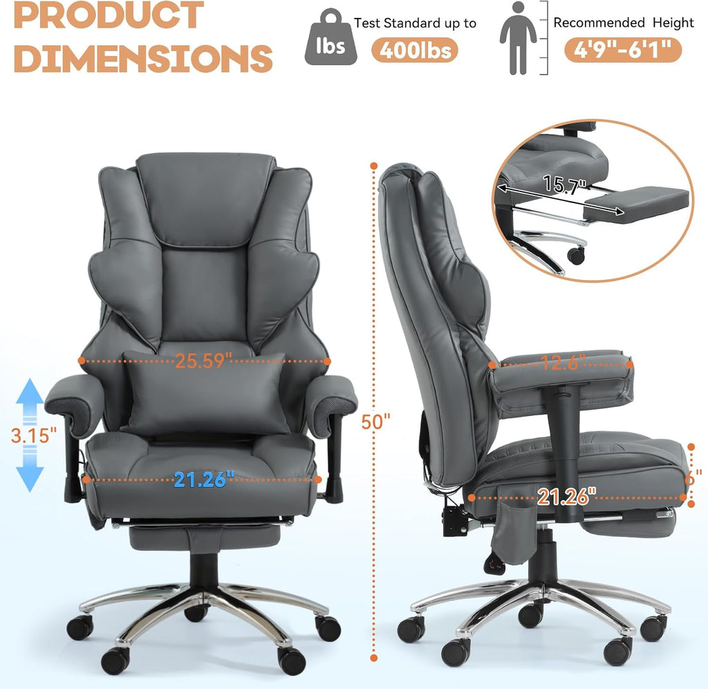 Massage Office Chair with Foot Rest, Ergonomic Executive Heated Office Chair with Reclining Backrest, Adjustable Arms and Lumbar Support, High Back Leather Desk Chairs for Home Office, Gray