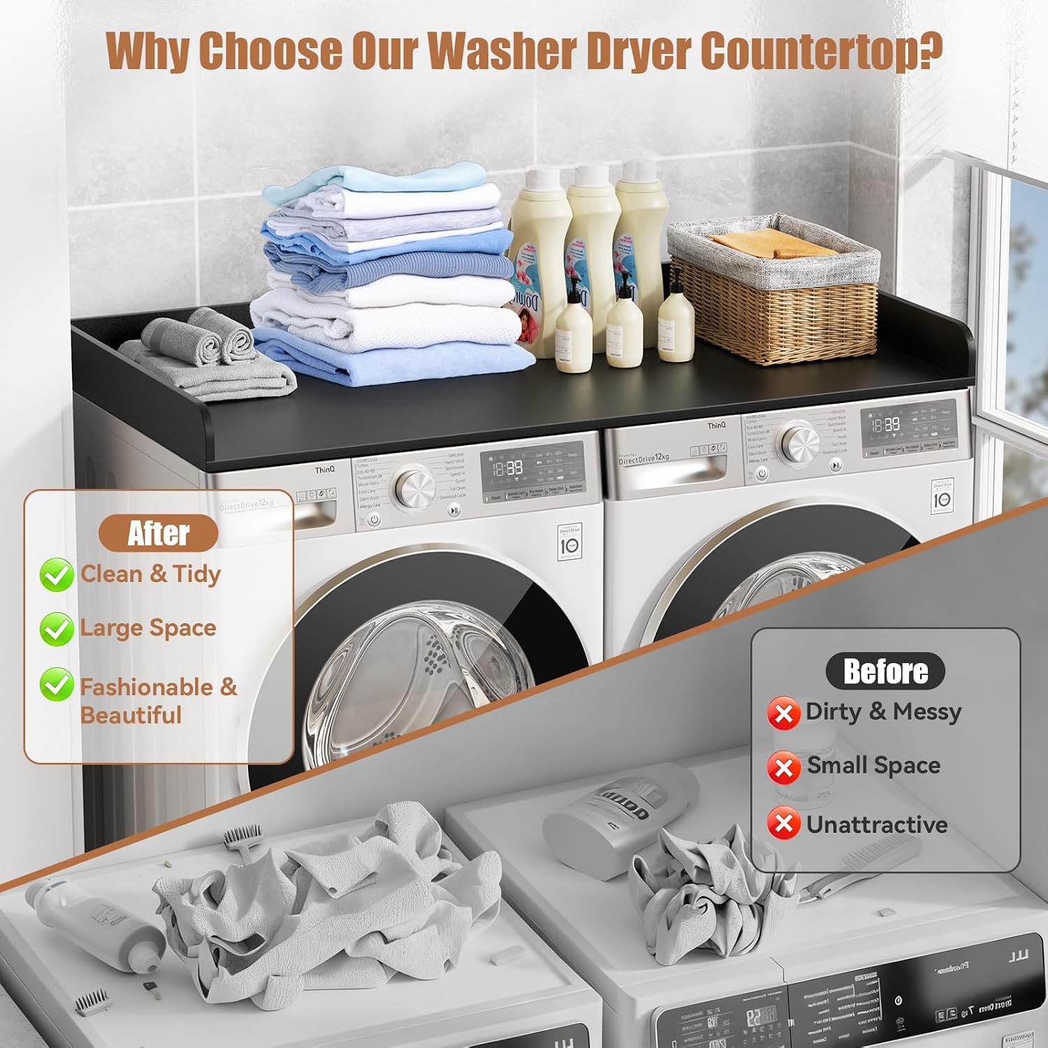 Washer Dryer Countertop, 27.5' D x 54' W Washer and Dryer Topper Covers with Edge Rails, Wood Laundry Room Countertop Shelves for Laundry Room Organization and Storage (Black)