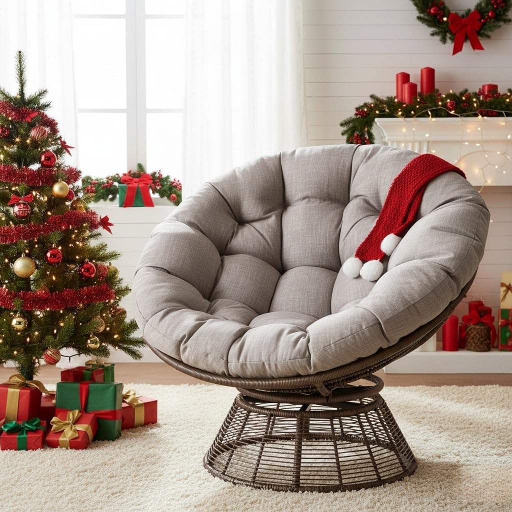 Bme 40' Ergonomic Wicker Papasan Chair with Soft Thick Density Fabric Cushion, Bee-Designed Base, High Capacity Steel Frame, 360 Degree Swivel for Living, Bedroom, Reading Room,...