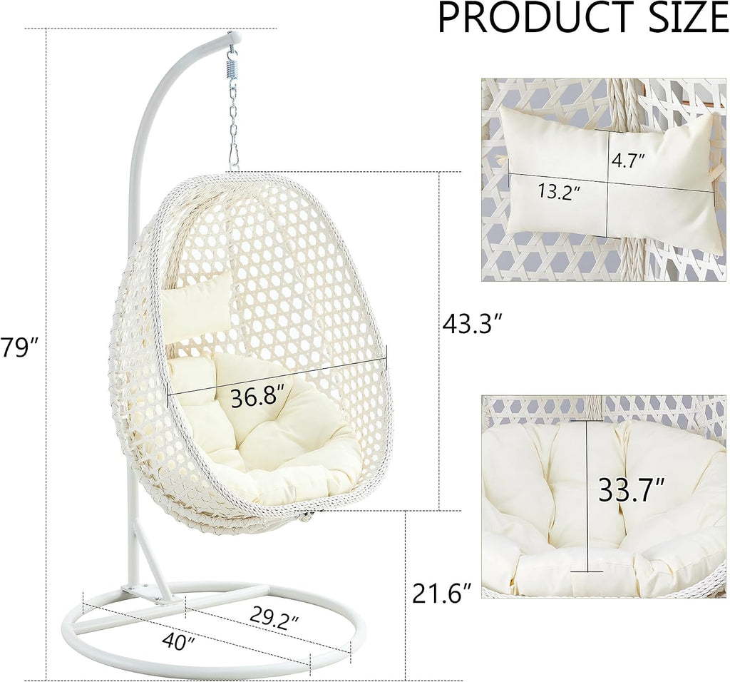 Egg Swing Chair with Stand,Rattan Swing Egg Chair with Stand, White Hanging Egg with Soft Cushion, Outdoor Hanging with Foldable Basket and Metal Stand for Bedroom Patio