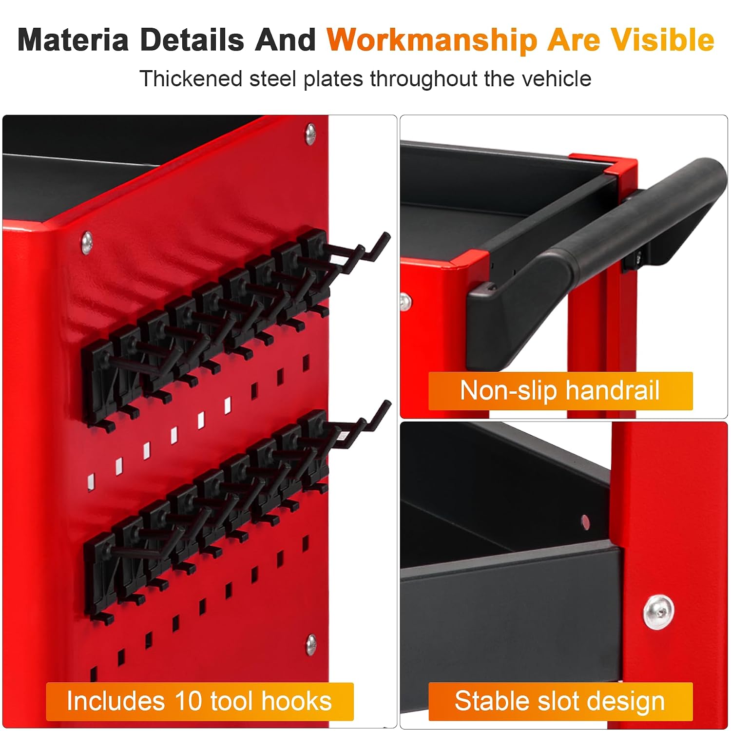 3 Tier Rolling Tool Cart on Wheels, Mechanic Storage Organizer, Rolling Work Cart with Pegboard for Garage, Workshop, Warehouse (Red and Black)