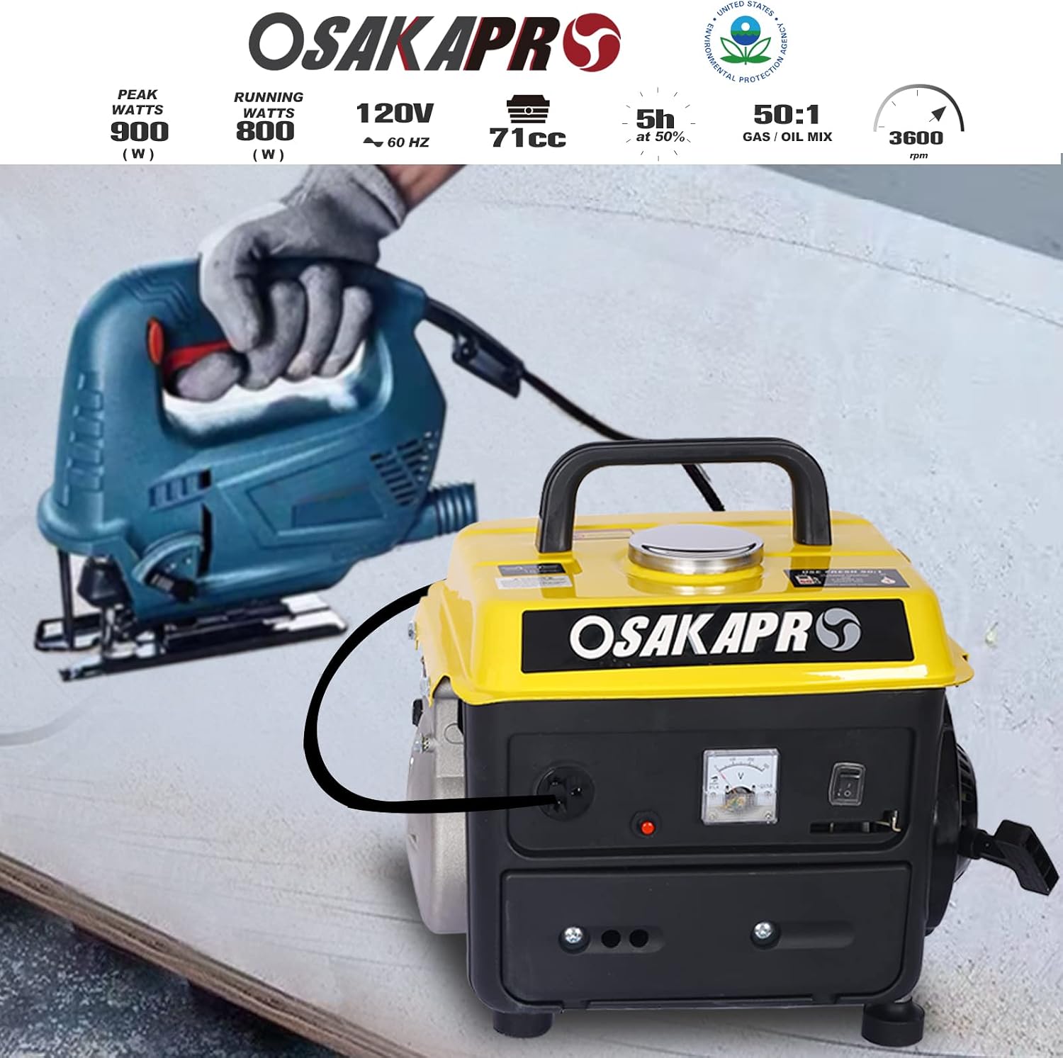 Portable Generator, 71cc 2-Stroke Gasoline Engine, 900 Watts Gas Powered Generator for Backup Home Use & Outdoors Camping Low Noise Ultra Lightweight EPA Compliant