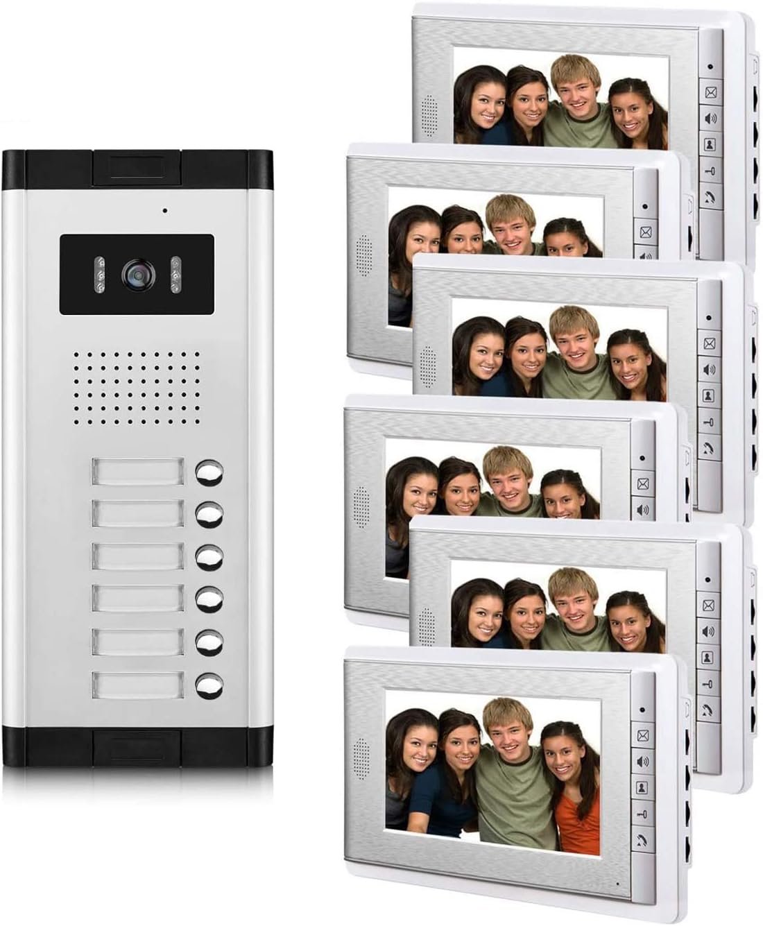 6 Units Apartment Video Intercom System, 7 inch Monitor Wired Video Door Phone Kit, Indoor Outdoor Video Doorbell, ID Keyfobs Unlock, 2 Way Audio, 6-Screen for Home Apartment