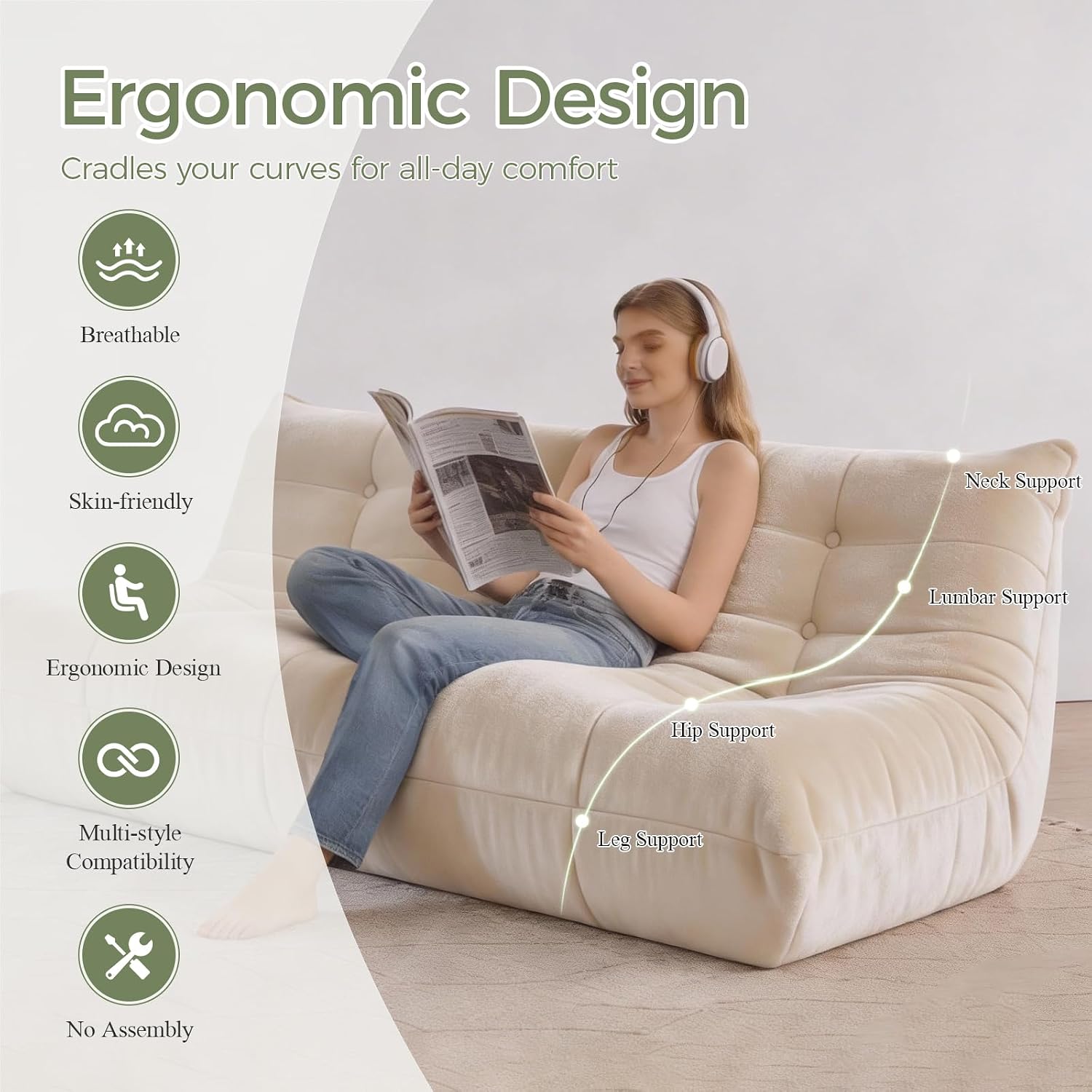 SUYOLS Bean Bag Chair, 3 Seater Fireside Chair Large Bean Bag Sofa for Adults, Memory Foam Chair Gaming Chairs with Comfy Design & Soft Fabric, Lazy Floor Sofa for Living Room, Bedroom, Beige