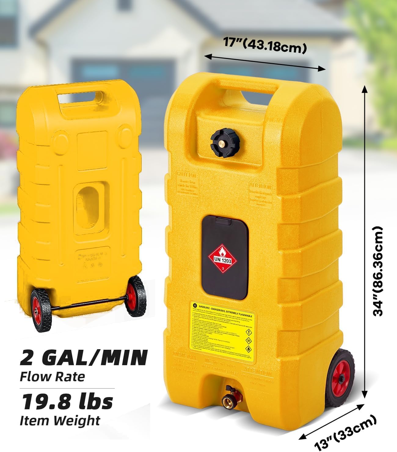 Garvee Heavy Duty 15 Gallon Gas Can Yellow, Fuel Caddy with Manual Fuel Transfer Pump, Portable Fuel Tank on Wheels with 10 ft Hose for Lawn Mowers, Cars, Boats, UTVs, Home and Farm Use