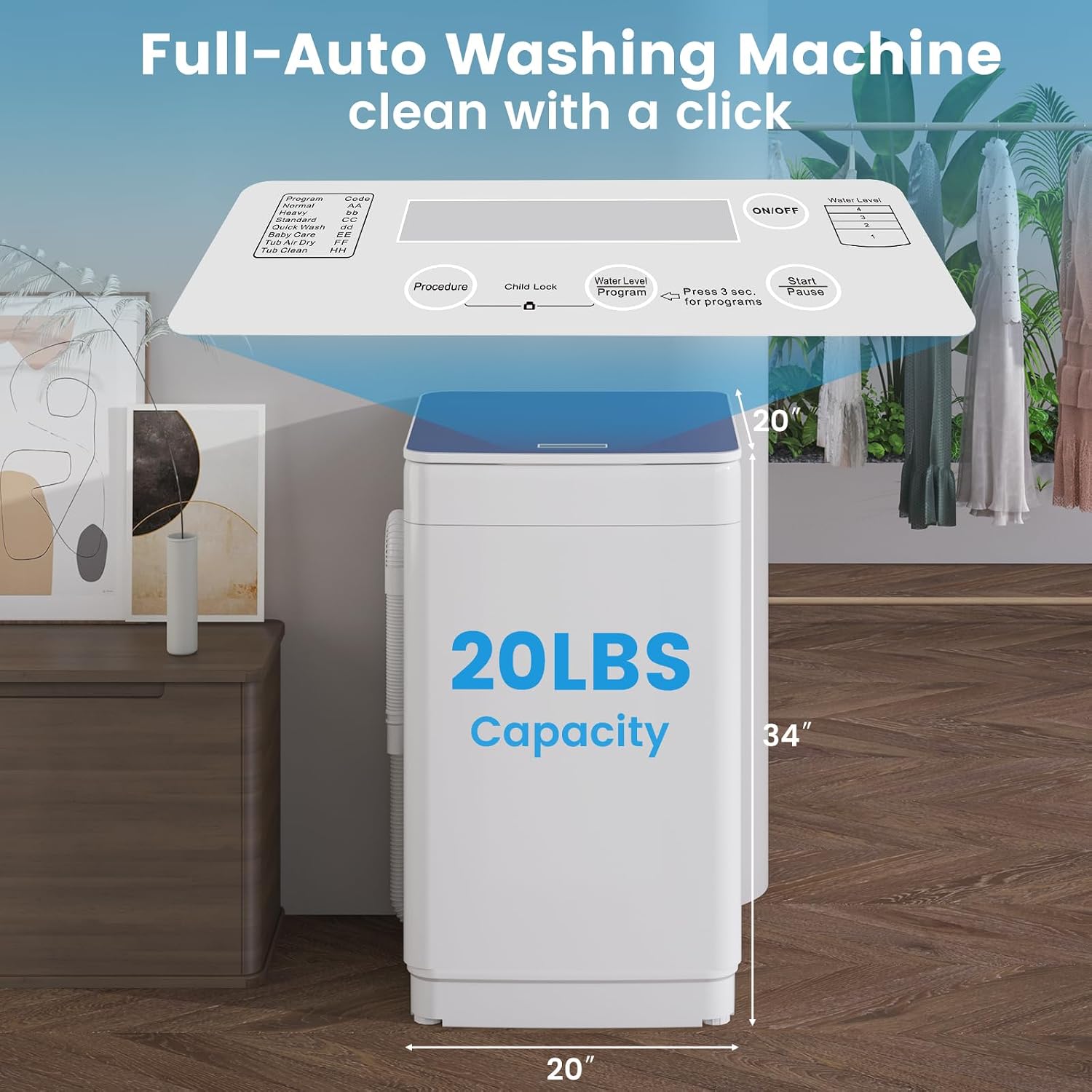 VCJ Portable Washing Machine and Dryer Set, 20lbs Fully Automatic Washer and 10lbs Portable Dryer with Stainless Steel Tub, Compact Washer and Dryer Combo for Apartment, RV, Dorm
