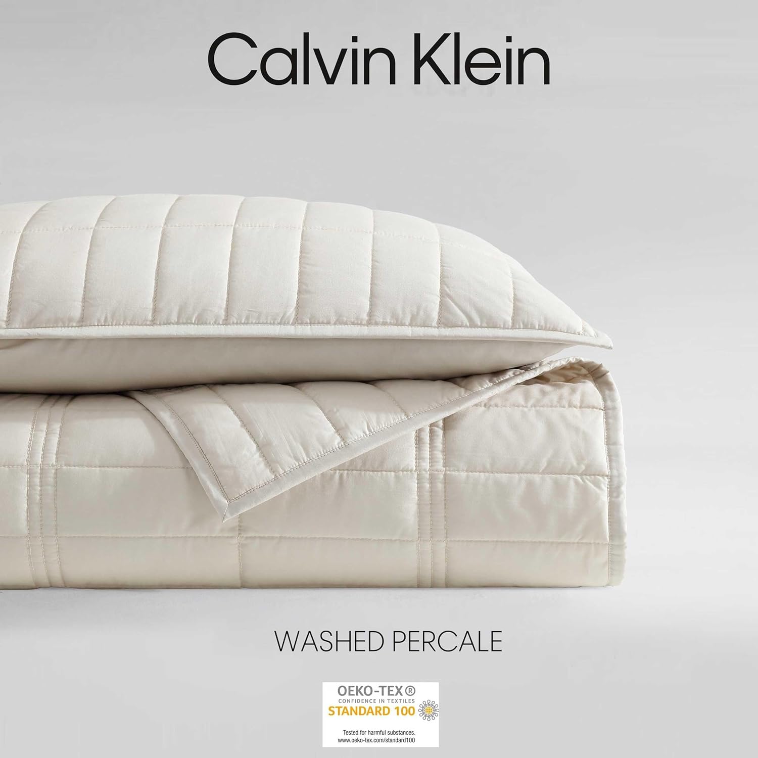 Calvin Klein - Queen Quilt Set, Cotton Percale Weave Bedding with Matching Shams, Crisp & Cool, Oeko-Tex Certified (Washed Percale Light Beige)