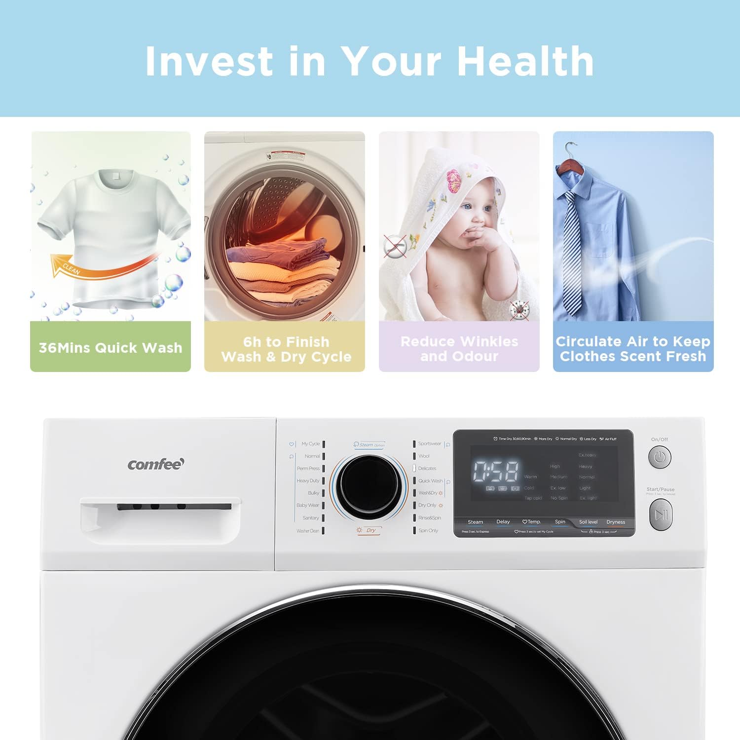 COMFEE' 24' Washer and Dryer Combo 2.7 cu.ft 26lbs Washing Machine Steam Care, Overnight Dry, No Shaking Front Load Full-Automatic Machine, Dorm White