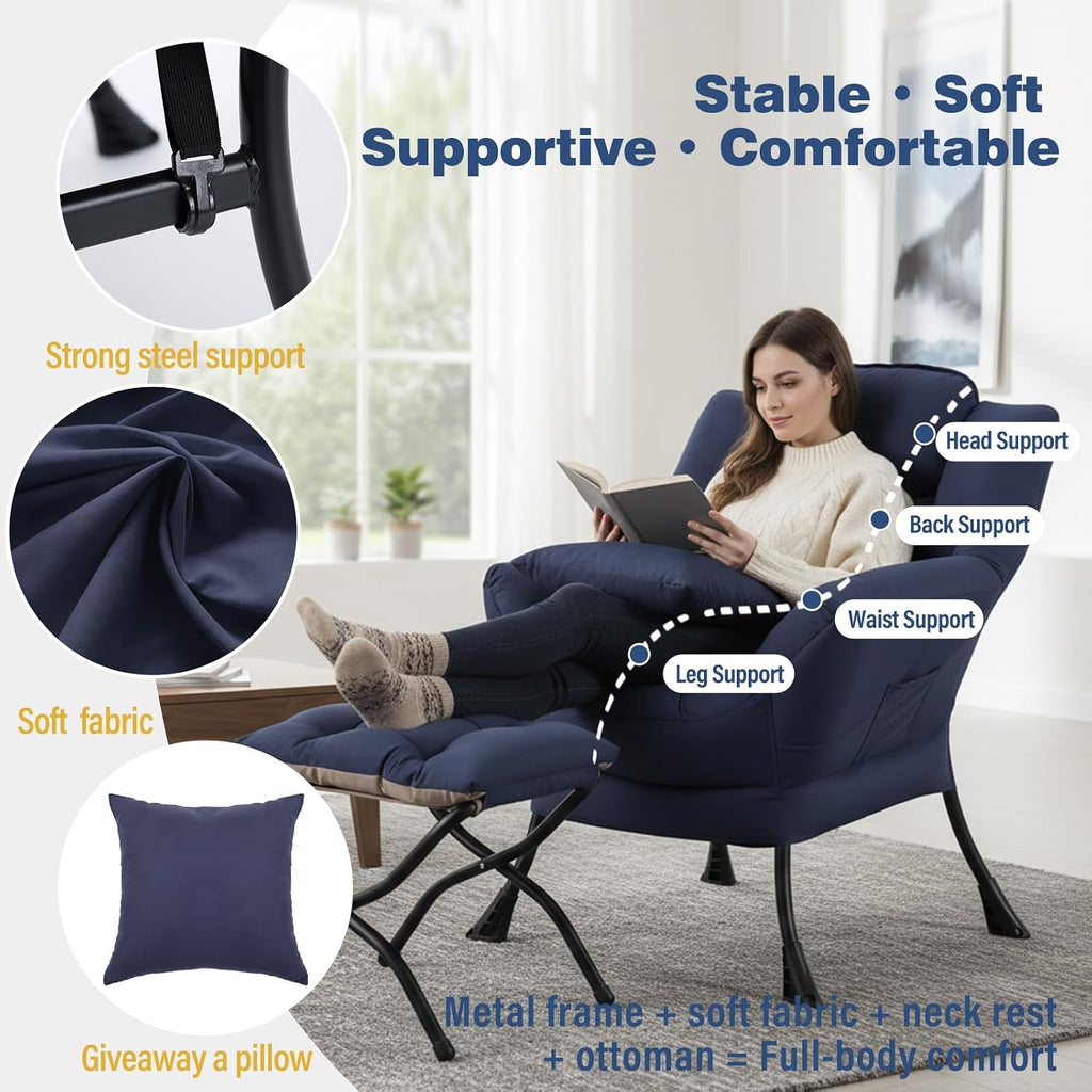 Lazy Chair with Ottoman, Large Accent Chair with Ottoman and a Throw Pillow, Navy Reading Chair for Living Room Bedroom Dorm Room Office Apartment Relaxing Use