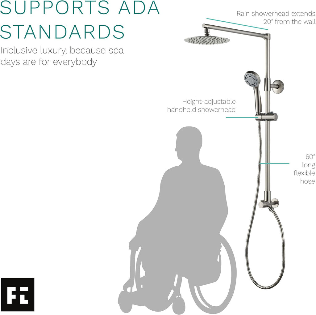 Fennocasa Polaris 3 Retrofit Rain Shower System, 3-Setting Handheld Shower Combo with Slide Bar, 8' Low Profile Shower Head (2.5 GPM Brushed Nickel)