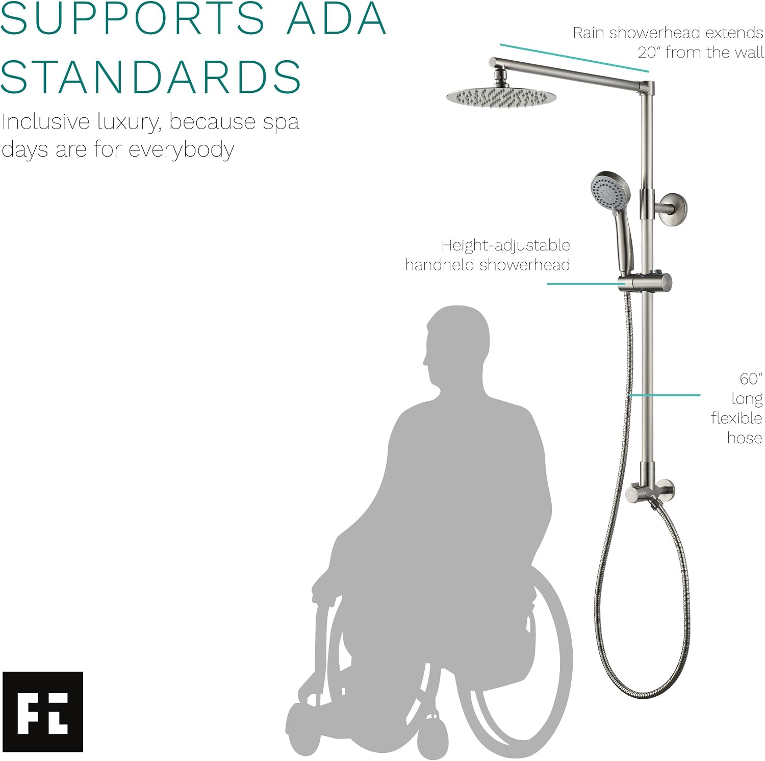 Fennocasa Polaris 3 Retrofit Rain Shower System, 3-Setting Handheld Shower Combo with Slide Bar, 8' Low Profile Shower Head (2.5 GPM Brushed Nickel)