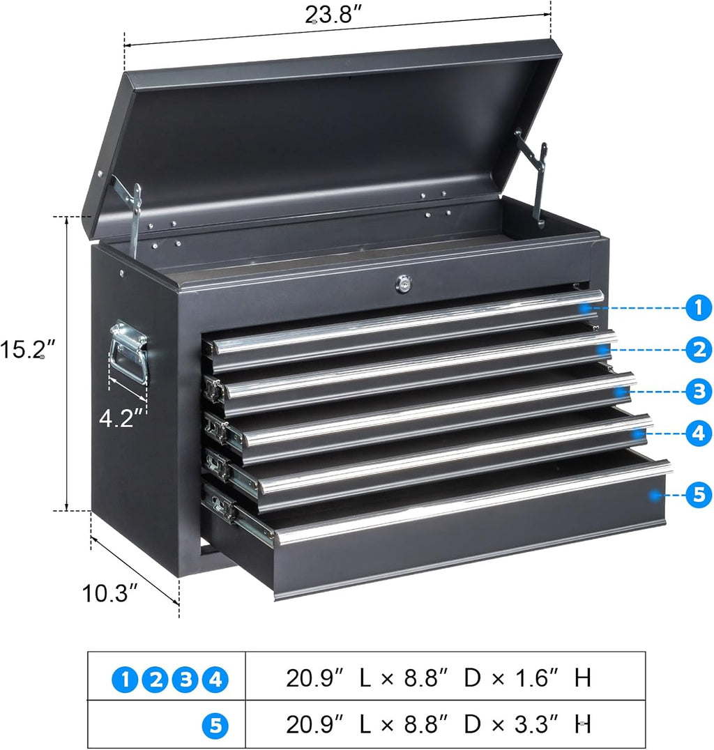 Metal Tool Box, 5-Layer Drawers & Top Storage Tray Tool Box with Lock Safety and Handle, 24' Portable Tool Chest Cabinet for Garage, Warehouse, Home, Black