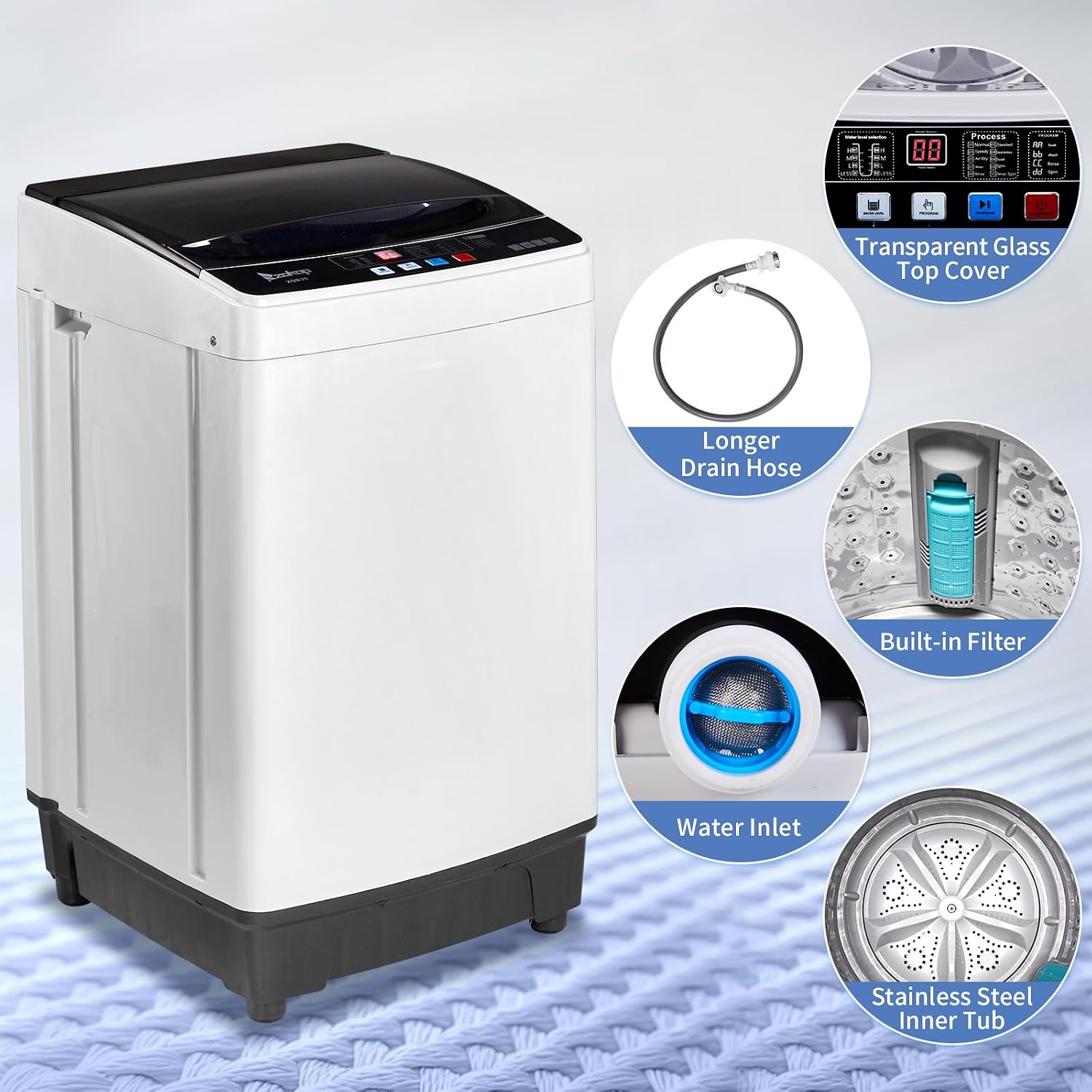 Winado 2 in 1 Full Automatic Washing Machine, 15.6Lbs Top Load Portable Washer with Drain Pump, 10 Wash Programs 8 Water Level Washer and Dryer Combo, for Apartments, RV, Camping