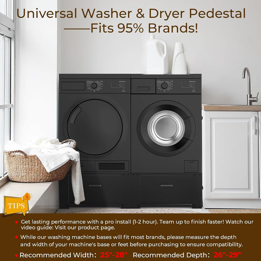 SKM Washer and Dryer Pedestal with Drawer, Laundry Pedestal for Washer and Dryer Stand, Heavy Duty Steel Washing Machine Stand Height Raiser (2, black, 28' W x 29' D x 14' H)