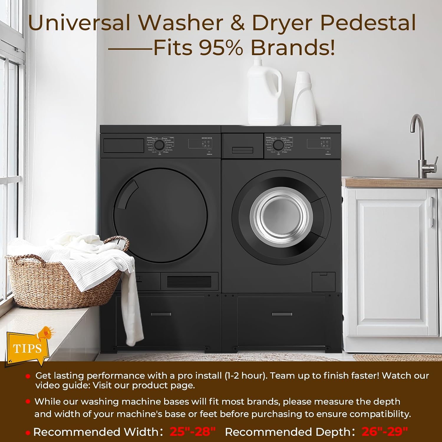 SKM Washer and Dryer Pedestal with Drawer, Laundry Pedestal for Washer and Dryer Stand, Heavy Duty Steel Washing Machine Stand Height Raiser (2, black, 28' W x 29' D x 14' H)