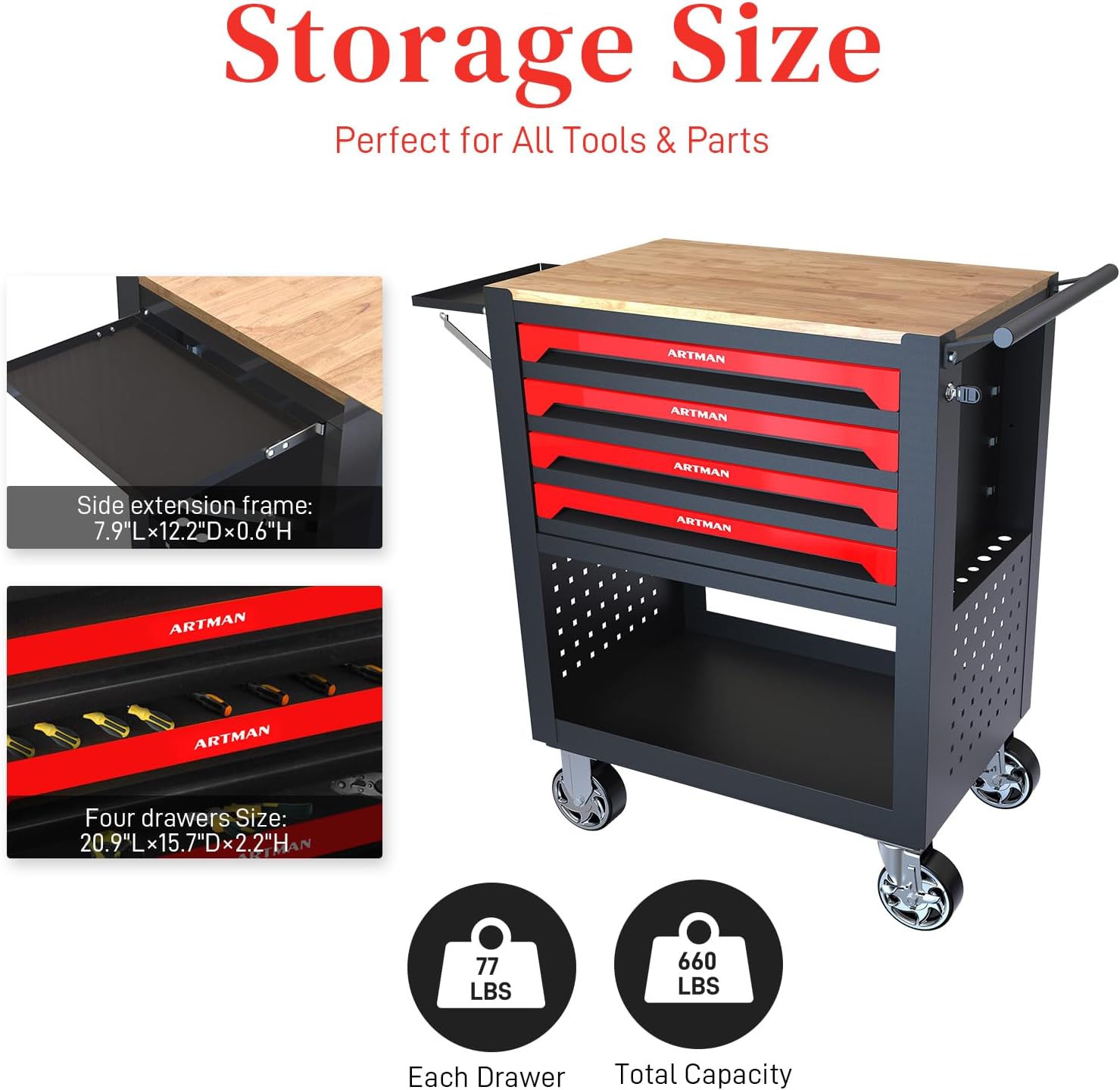 Rolling Tool Cart with 4-Drawer Wood Top Utility Tool Chest on Wheels Mechanic Tool Storage Organizer Cabinet for Garage, Warehouse, Workshop, Repair Shop (Red)
