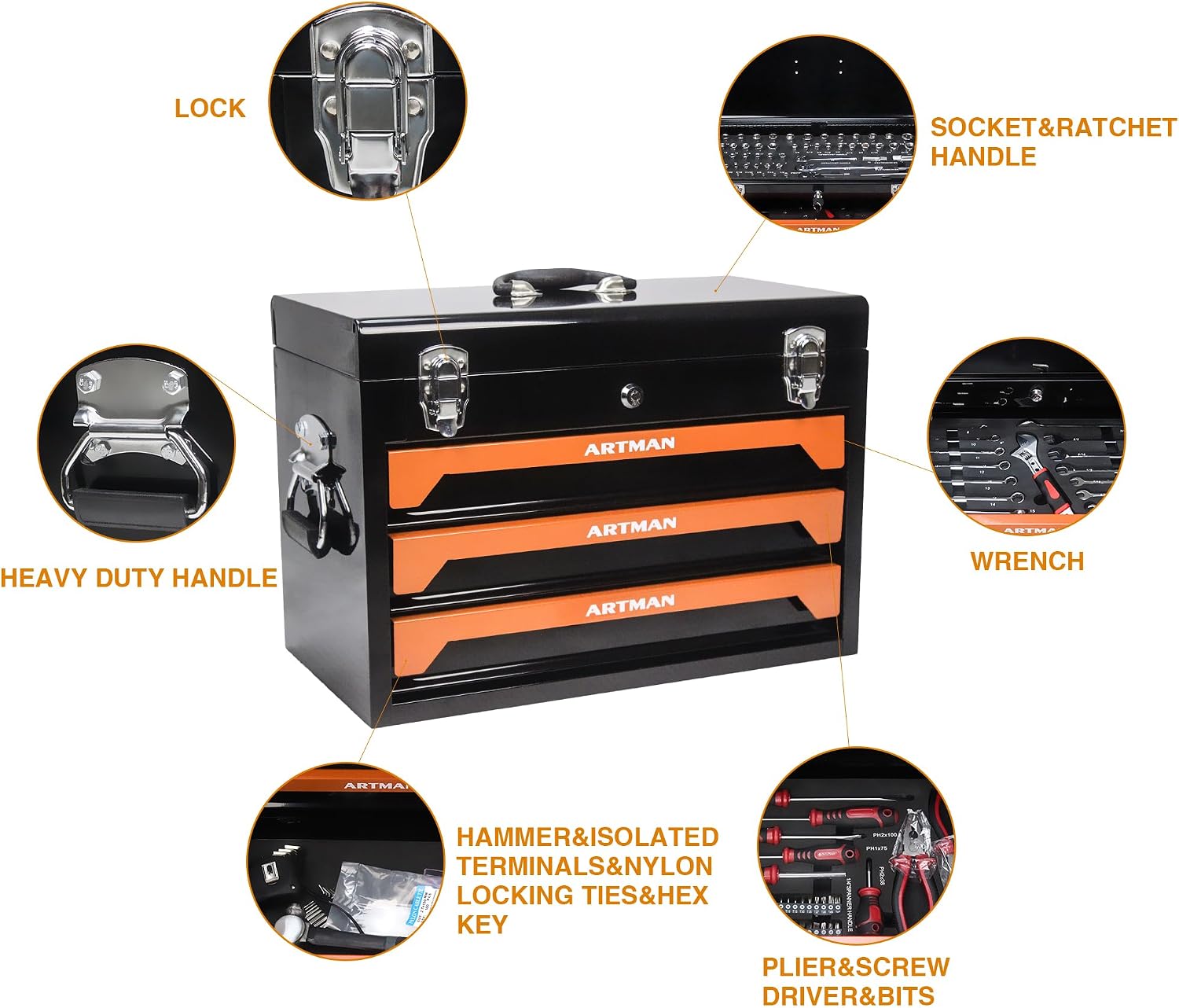 3-Drawer Tool Chest with 439-Piece Mechanics Tool Set | Heavy-Duty Steel Portable Tool Box with Complete Socket & Wrench Kit for Workshop, Garage, and Home Use (Black & Orange)