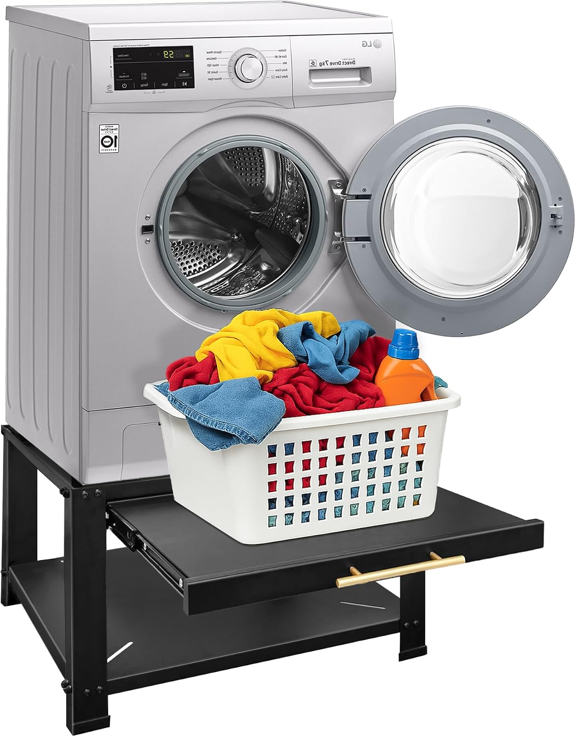 Royxen Washer and Dryer Pedestals with Drawer,29' W x 29' D x 19.5' H Metal Heavy Duty Laundry Pedestal, Universal Washing Machine Stand for Basket Shelf, 850lbs Capacity,Black