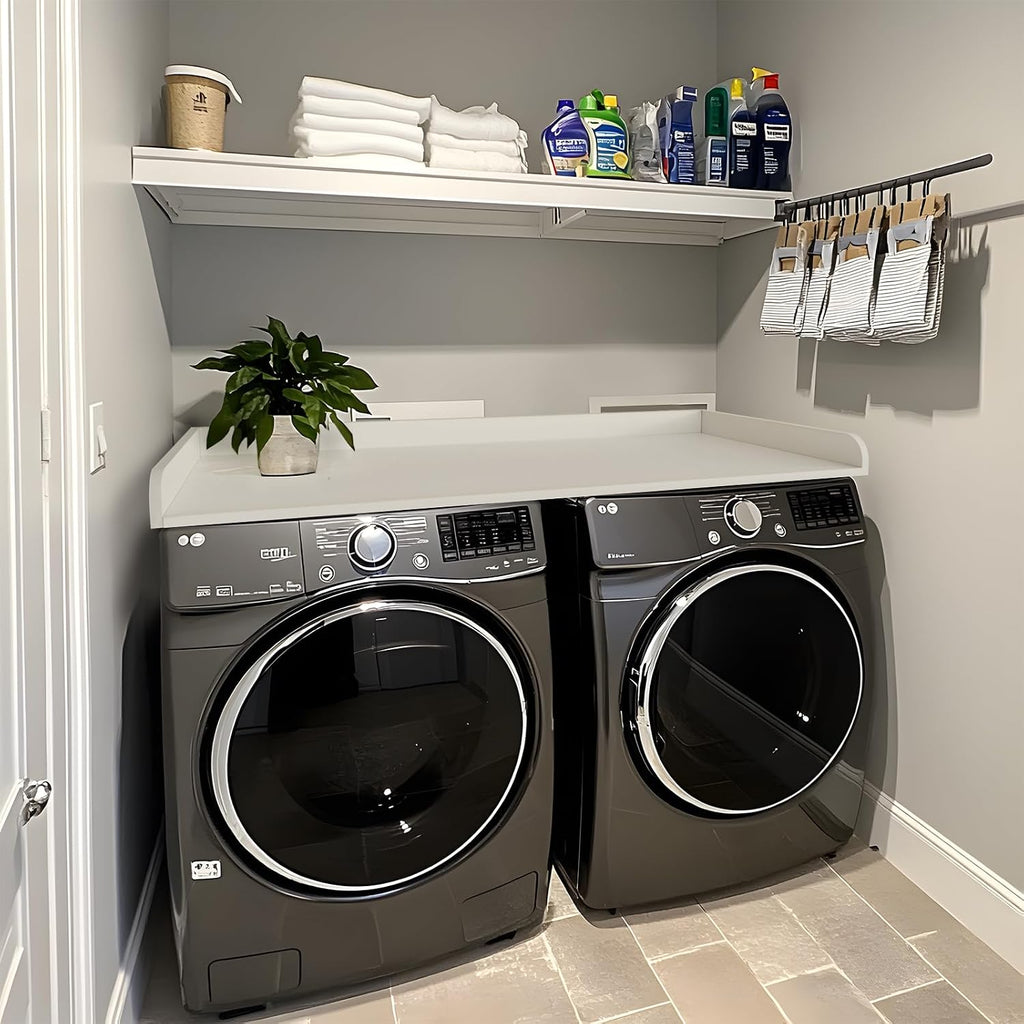 Kaboon Washer Dryer Countertop 58' x 28' Extra Large Version, Melamine Countertop with 3.5' Edge Rails, Laundry Room Organization, White