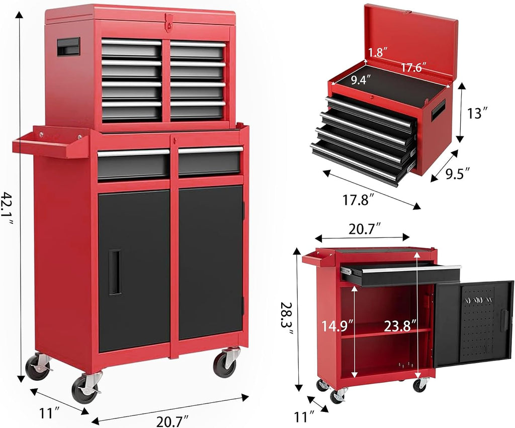 Tool Chest, 5-Drawer Rolling Tool Storage Cabinet with Detachable Top Tool Box, Liner, Universal Lockable Wheels, Adjustable Shelf, Locking Mechanism, Metal Tool Cart for Garage Workshop