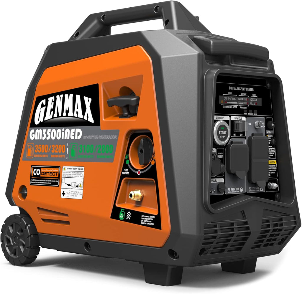 GENMAX Portable Inverter Generator, 3500W Super Quiet Gas or Propane Powered Engine with Parallel Capability, Remote/Electric Start, Ideal for Camping Travel Outdoor.EPA Compliant (GM3500iAED)