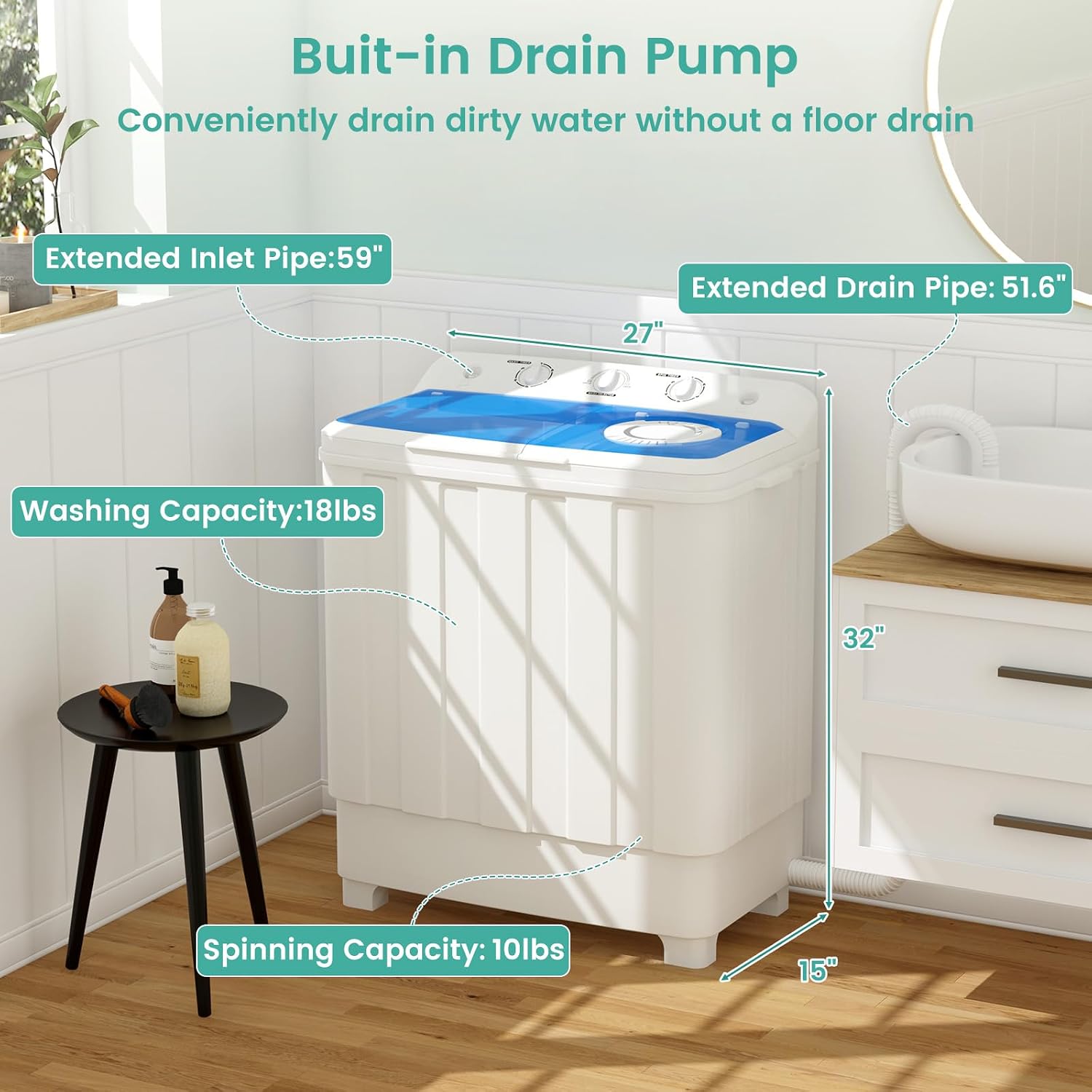 Auertech 28 Lbs Portable Washing Machine, Portable Washer for Apartment with 18 Lbs Washer, 10 Lbs Spinner, Mini Compact Top Load Washing Machine for RV Dorm
