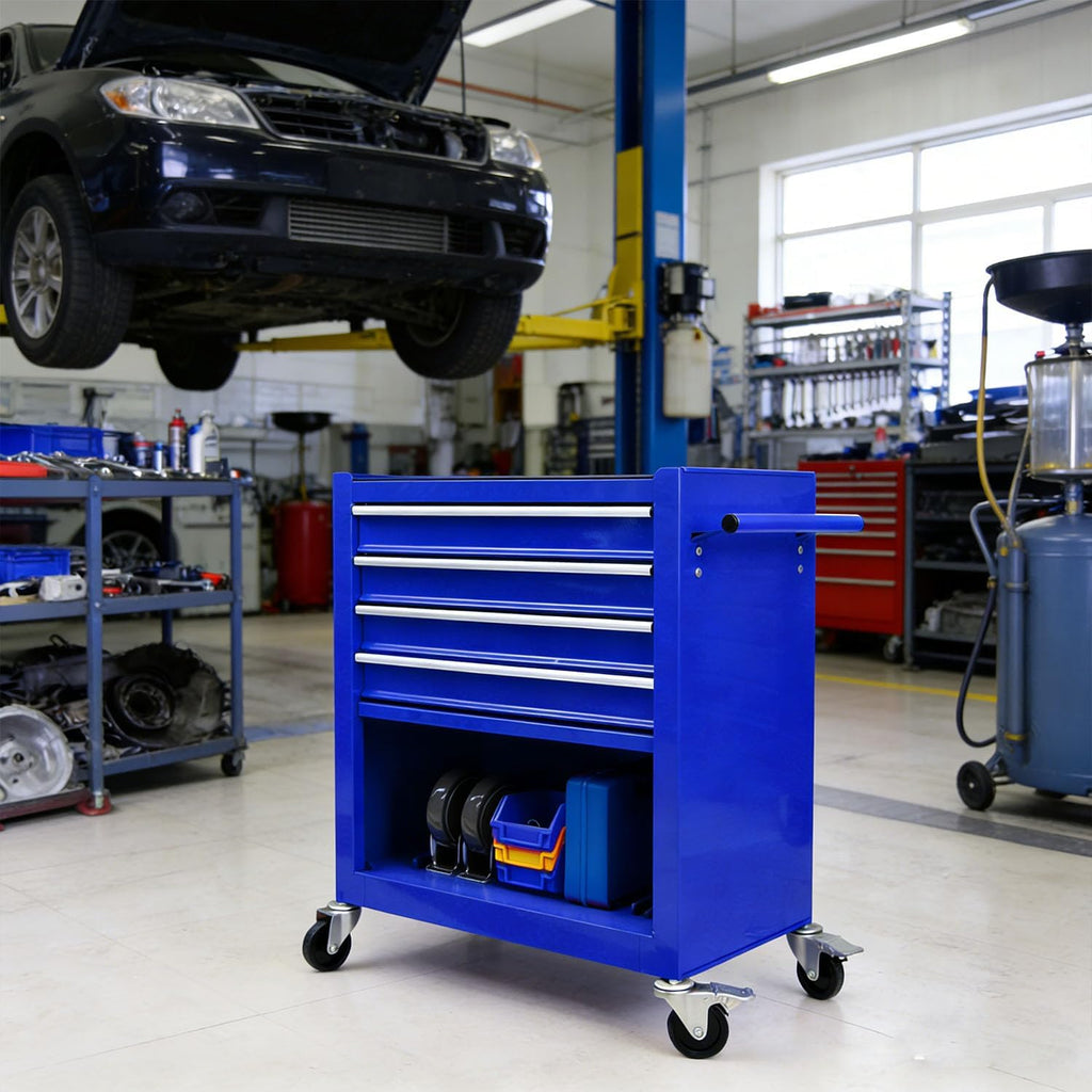 4-Drawer Tool Cart on Wheels, Drawers Rolling Tool Chest with 1 Cabinet, Mobile Trolley Organizer Tools Box with Locking Wheels & Ball Bearing Drawers for Garage,Warehouse,Repair Shop (Blue)