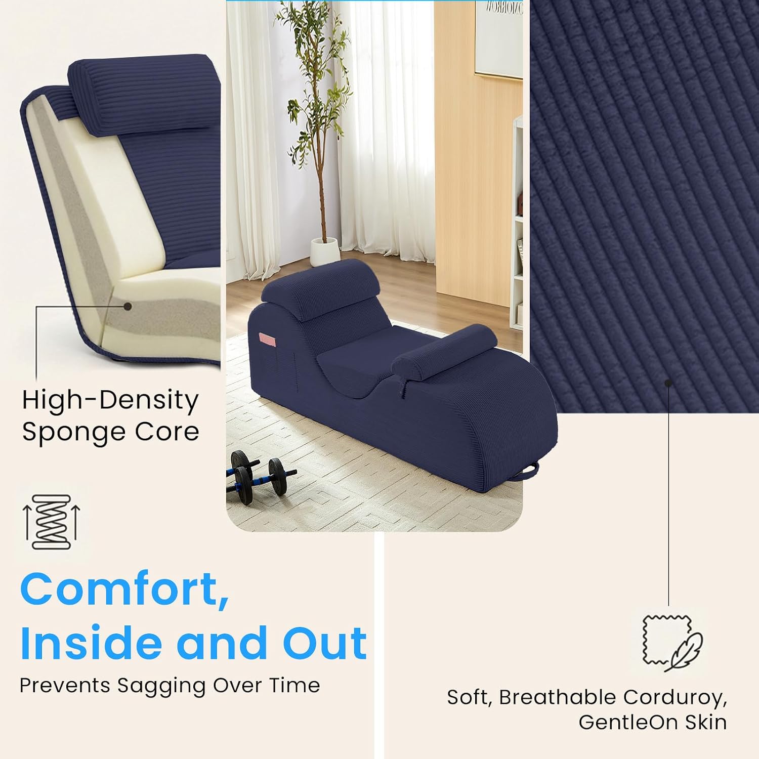 ijuicy 25' Wide Ergonomic Yoga Chair, Stretch Yoga Chaise Lounger with Adjustable Headrest, Waist Cushion, Movable Footrest, Side Pockets, Modern Reading Chair -Blue