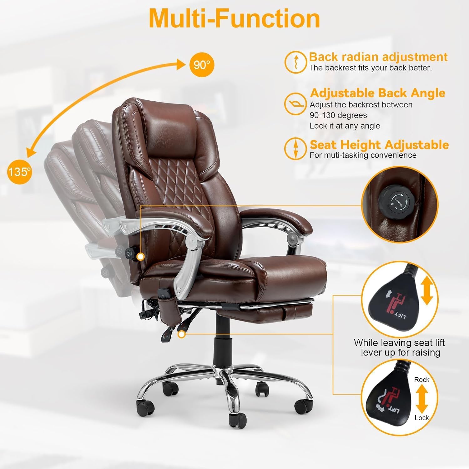 HOMREST 2-Point Massage Office Chair with Lumbar Support, Heated Executive Office Chair, Computer Gaming Chair with with Adjustable Backrest for Home Office, Brown