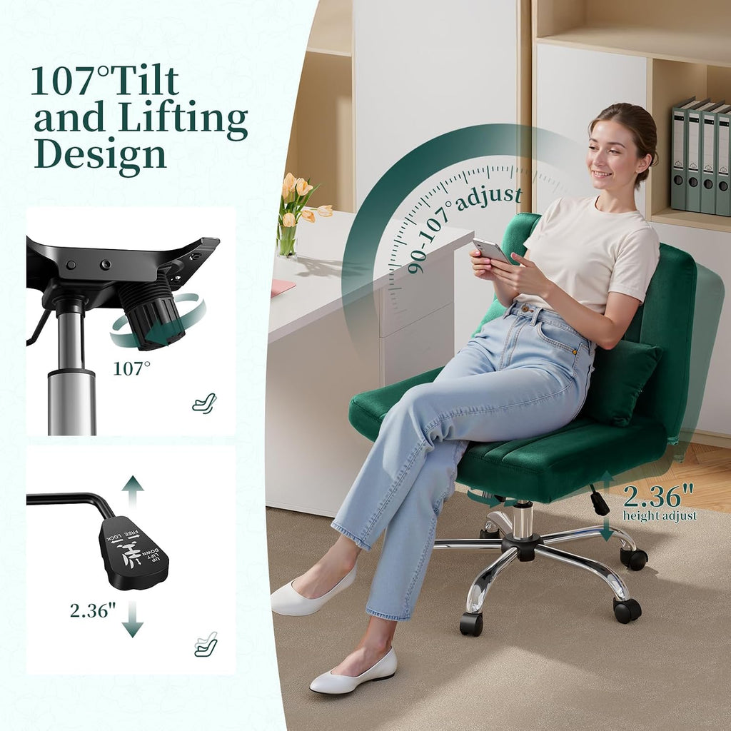 Warmiehomy Velvet Criss Cross Office Chair with Wheels, Luxury Cross Legged Desk Chair for Bedroom, Armless Wide Seat Computer Chair, Modern Vanity Chair, Gift for Teens & Girlfriend, Emerald Green