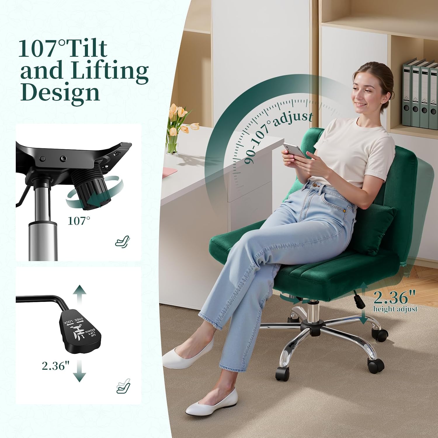 Warmiehomy Velvet Criss Cross Office Chair with Wheels, Luxury Cross Legged Desk Chair for Bedroom, Armless Wide Seat Computer Chair, Modern Vanity Chair, Gift for Teens & Girlfriend, Emerald Green