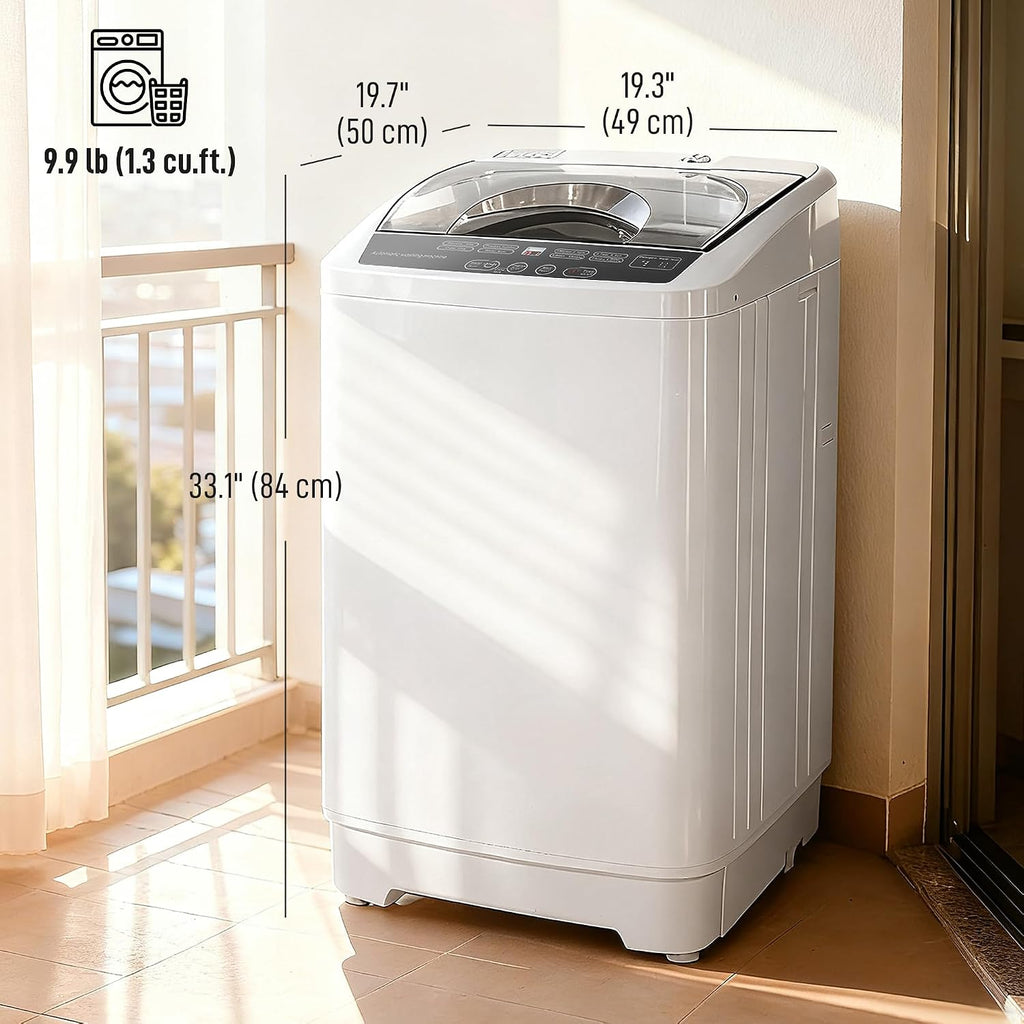 HOMCOM Portable Washing Machine, 1.3 Cu. Ft. Compact Washer with 8 Programs, 6 Water Levels, LED Display, Child Lock, Drain Pump, 9.9lb Full Automatic Washing Machine for Apartments, Dorms, RVs, White