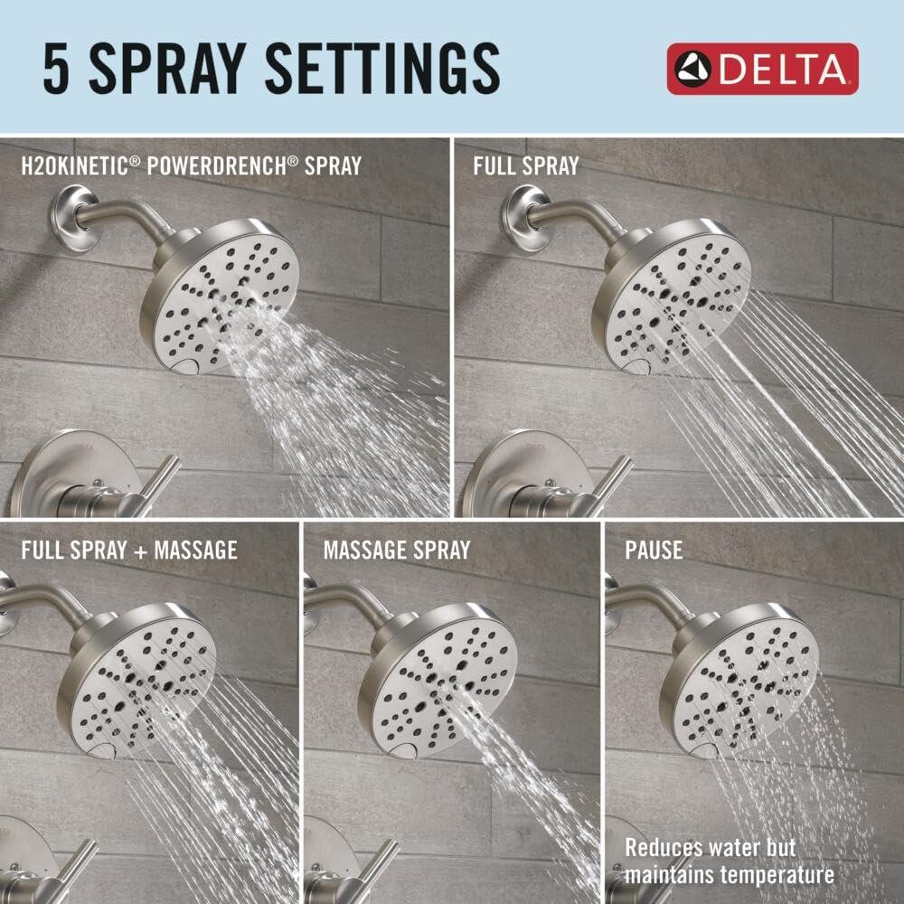 Delta Nicoli 14 Series H2Okinetic Bathtub and Shower Faucet Set, Brushed Nickel Shower Head and Handle Set, Valve Trim Kit, Stainless 144749-SS (Valve Included)