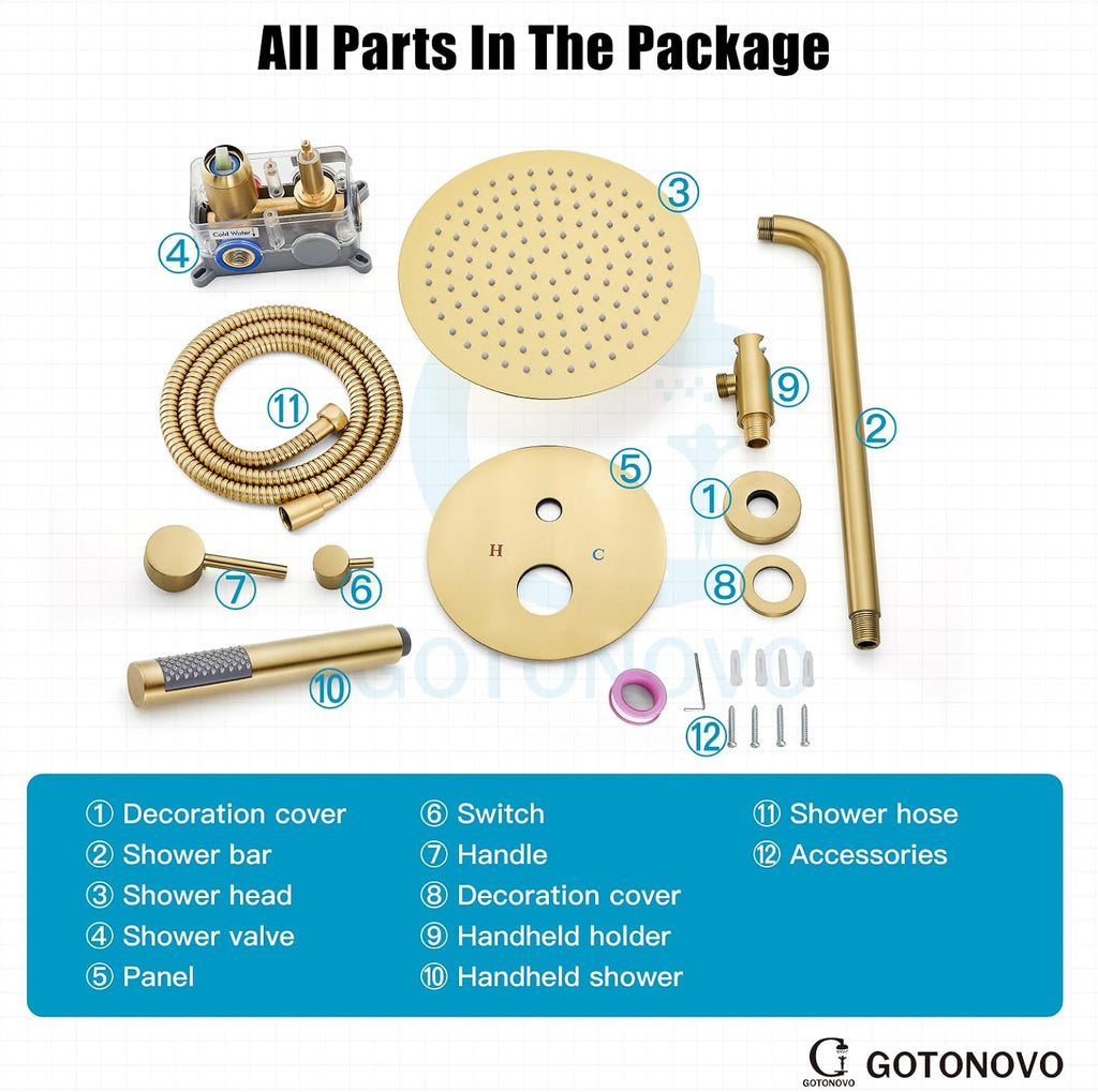 gotonovo Shower System 10 Inch Round Rainfall Showerhead Wall Mounted High Pressure Shower Faucet Set Fixture Combo with Rough in Valve and Cylindrical Handheld Spray, Brushed Gold