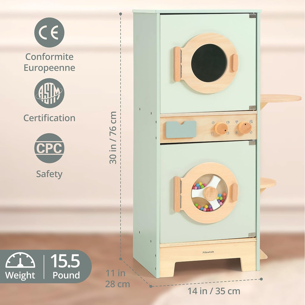 Pillowhale Wooden Washer-Dryer Playset for Kids – 2-in-1 Laundry Center Toy, Dual-Opening Doors, Spinning Drum & Click-Knobs, Basket + Iron Accessories – Montessori Pretend Play Gift Ages 3-6