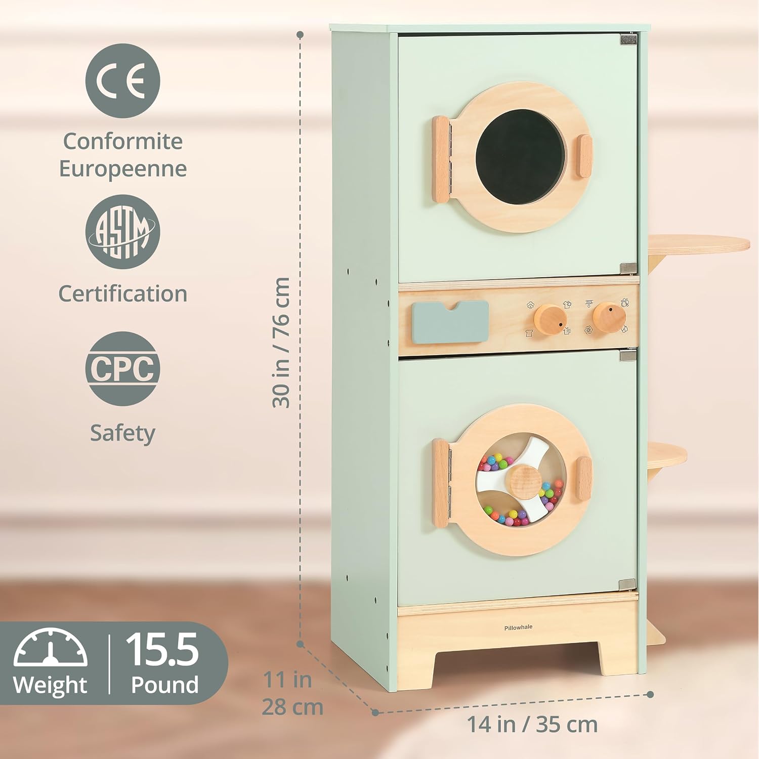 Pillowhale Wooden Washer-Dryer Playset for Kids – 2-in-1 Laundry Center Toy, Dual-Opening Doors, Spinning Drum & Click-Knobs, Basket + Iron Accessories – Montessori Pretend Play Gift Ages 3-6
