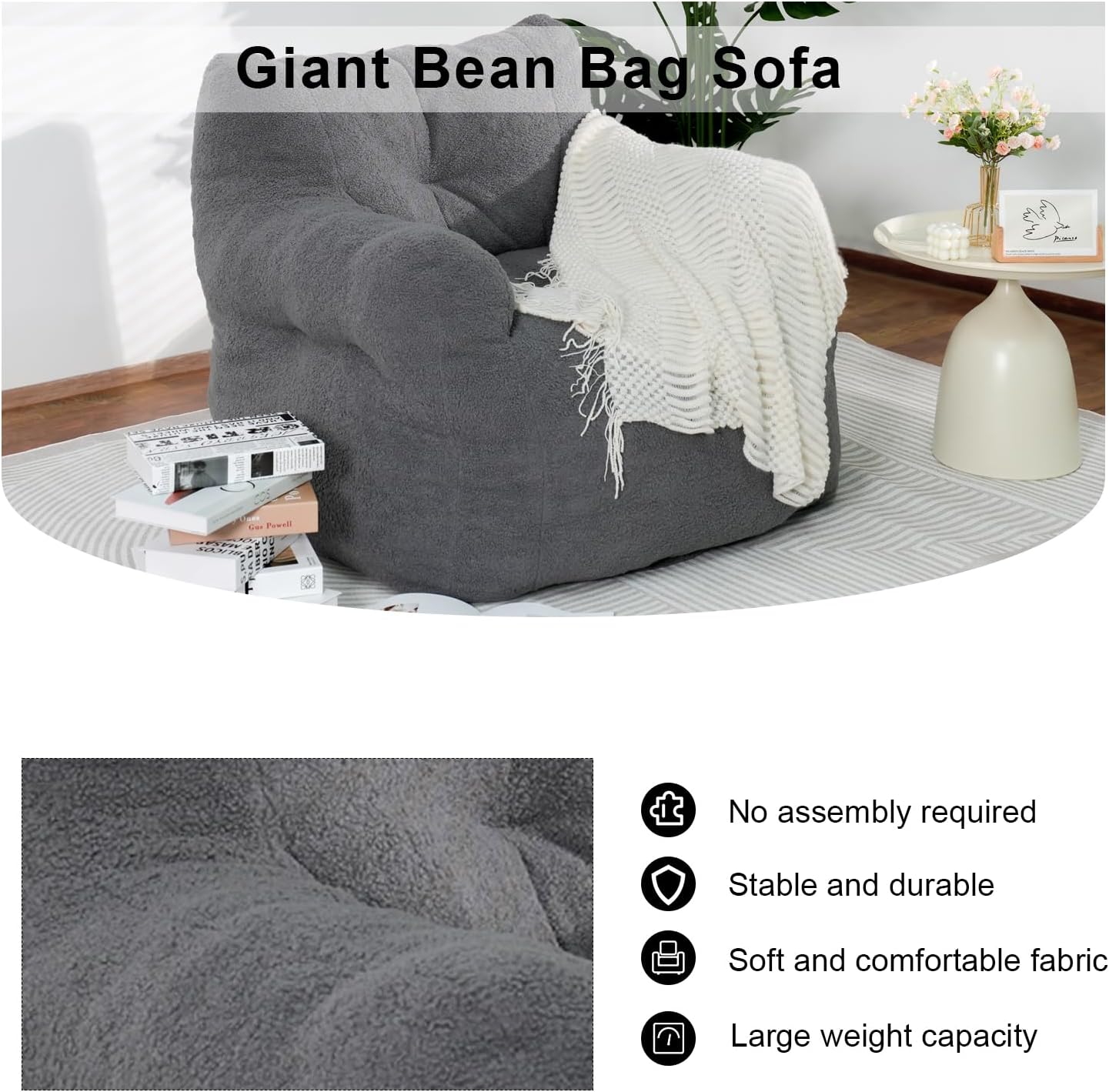 DKLGG Bean Bag Chairs for Adults, Giant Bean Bag Chair with Filler Included Faux Fur Bean Bag Sofa Memory Foam Large Bean Bag Chair with Armrest for Living Room, Bedroom, Gaming Room, Lounge, Grey