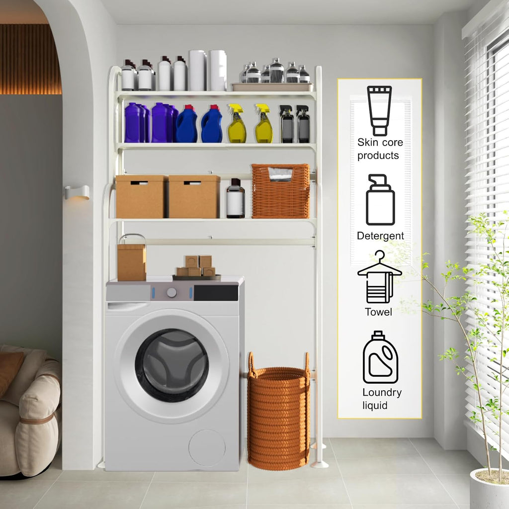 Over Washer Storage, 3 Tier Expandable Washer and Dryer rack, Laundry Room Storage Over Toilet Washing Machine and Dryer Storage Rack Bathroom Organization with Pigboard and Hook( Color : White )