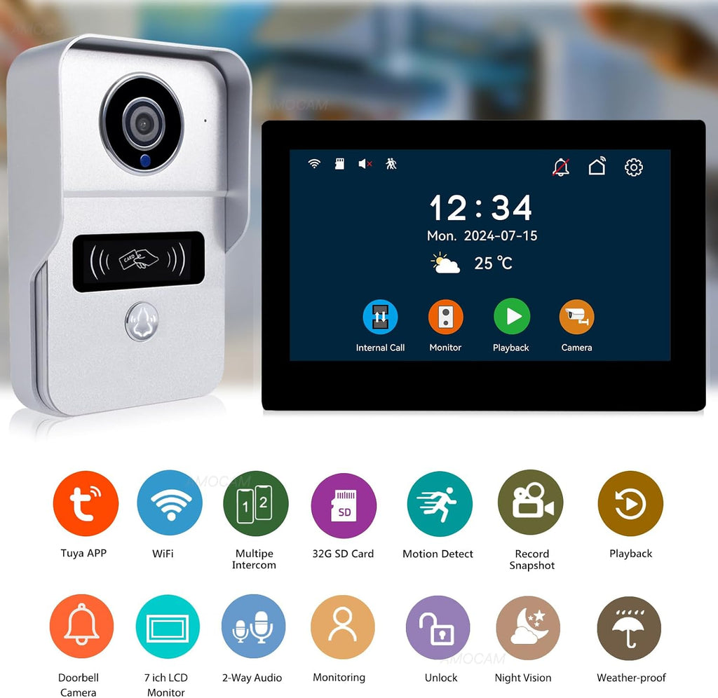 2 Wired Video Intercom System, 7 Inches Video Doorbell HD Camera with Monitor, WiFi Tuya App Remote Intercom Unlock, No Monthly Fees, Video Door Bell Call Phone, for Villa House Office Apartment