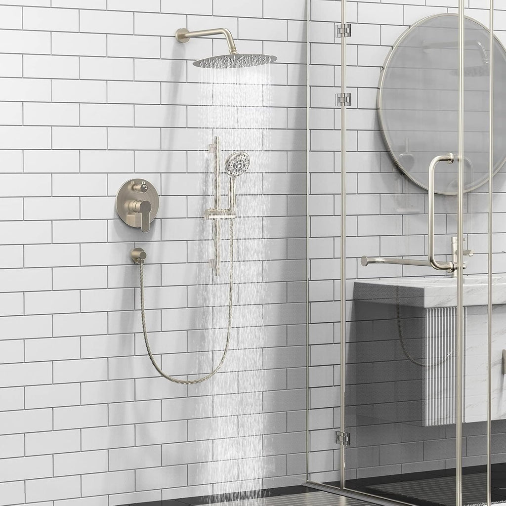 SR SUN RISE 10 Inch Rain Shower System, High Pressure Shower Heads and Handheld 6-Spray Combo Set Slide Bar Shower Faucets Sets Complete Included Valve and Trim Kit for Bathroom, Brushed Nickel