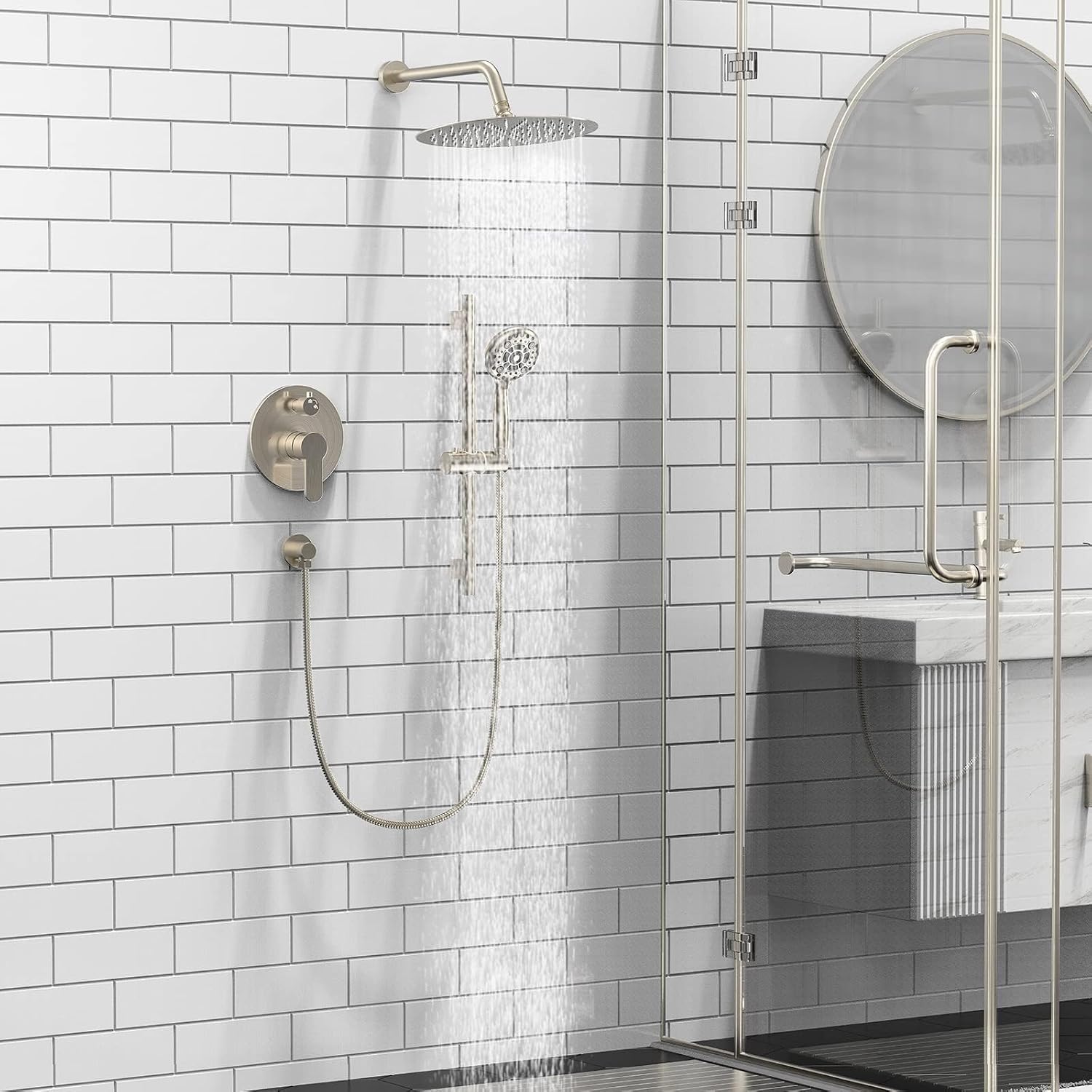 SR SUN RISE 10 Inch Rain Shower System, High Pressure Shower Heads and Handheld 6-Spray Combo Set Slide Bar Shower Faucets Sets Complete Included Valve and Trim Kit for Bathroom, Brushed Nickel