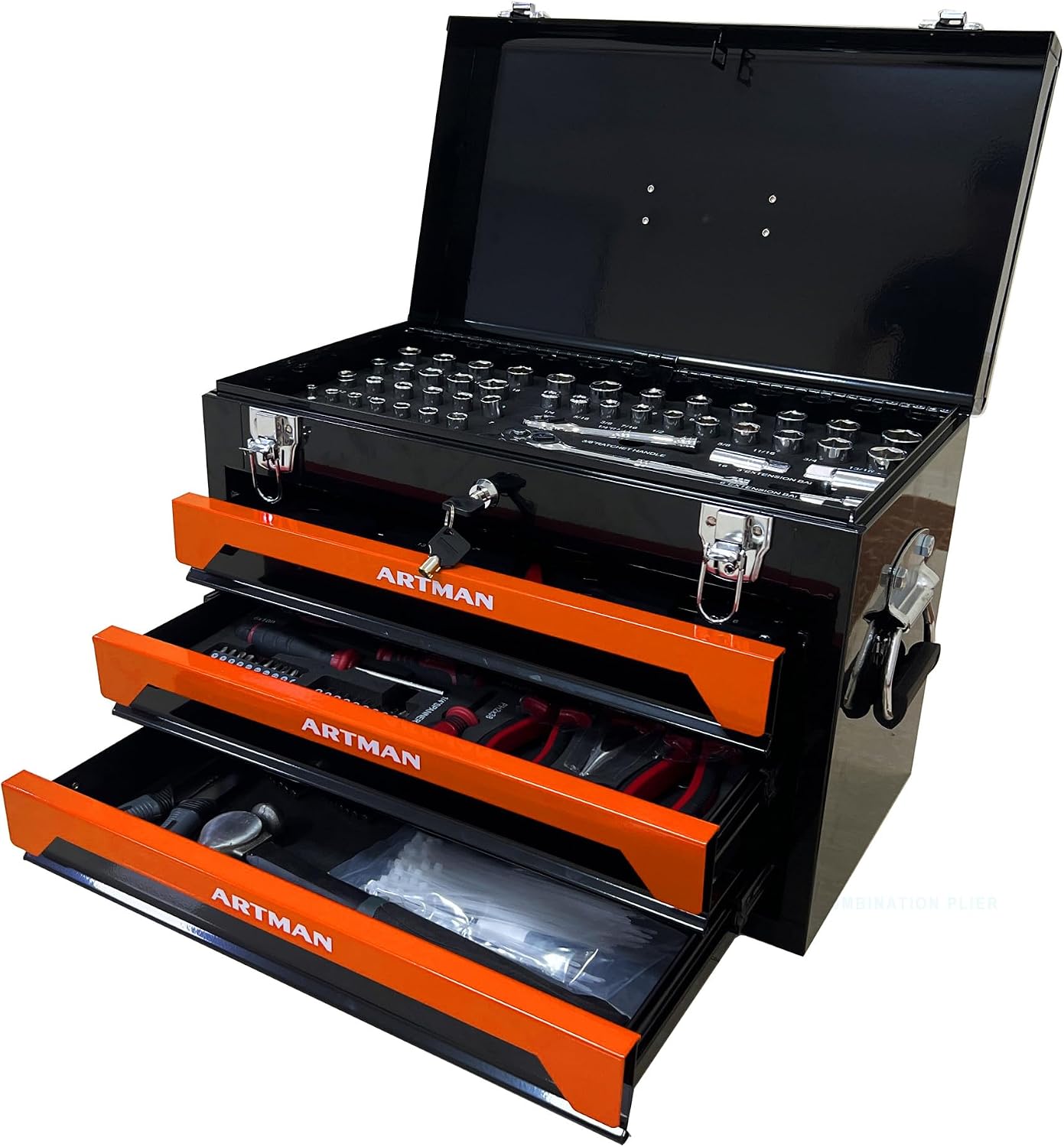 Tool Box Including 439 Pieces of Mechanics Tool Kit, 4-Drawer High Capacity Tool Chest, Lockable Home Repair Tool Storage Organizer with Sliding Drawers for Garage,Orange