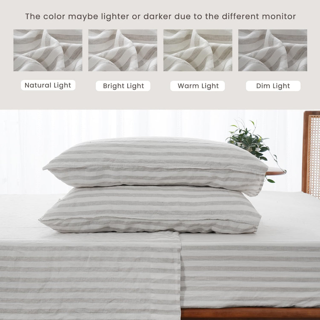 S VICTORY SYMBOL 100% Organic Linen Sheets Set,Yarn Dyed Classic Beige Stripe Sheets,French Natural Stone Washed Flax Bedding Set,4pcs Farmhouse Bed Sheets Full Size