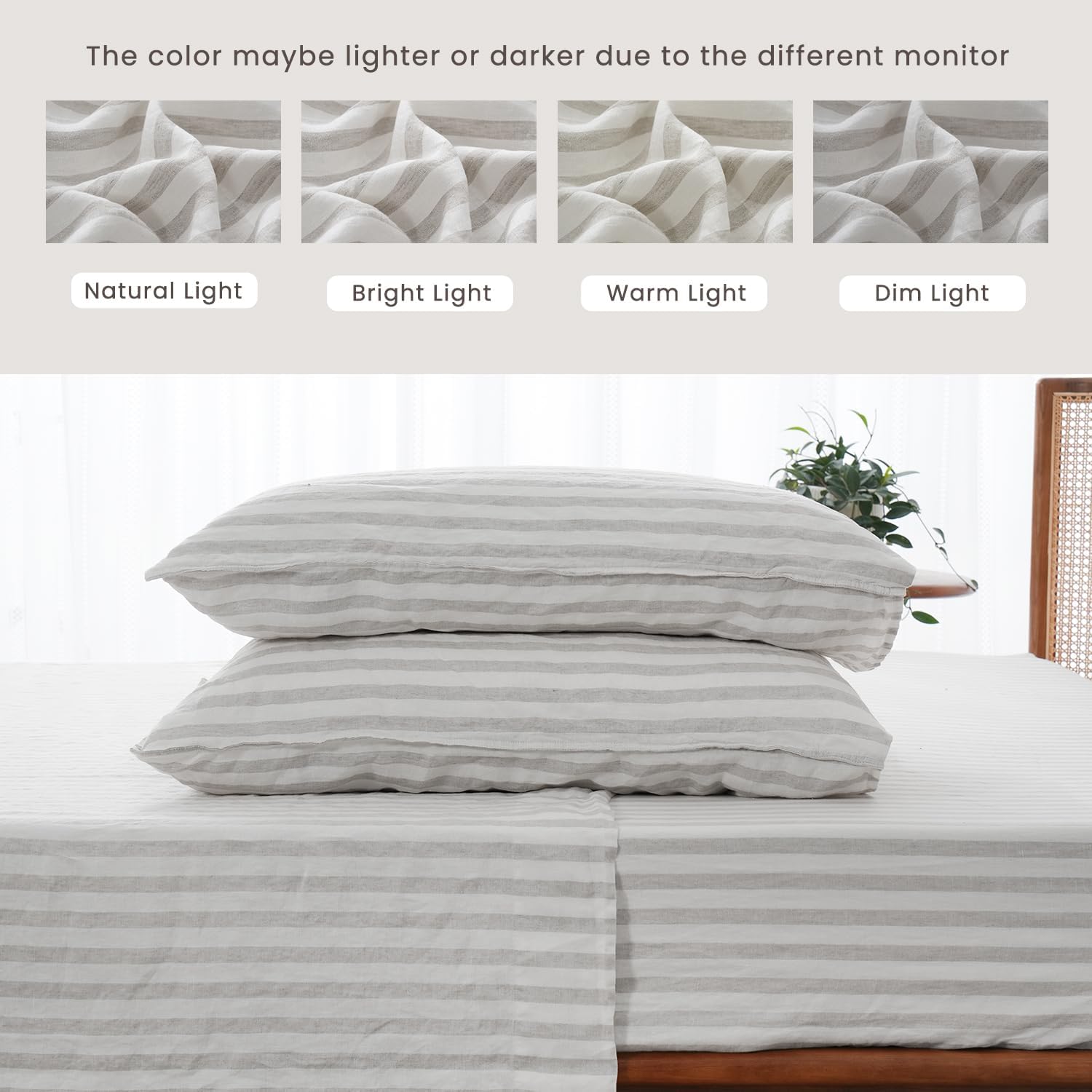 S VICTORY SYMBOL 100% Organic Linen Sheets Set,Yarn Dyed Classic Beige Stripe Sheets,French Natural Stone Washed Flax Bedding Set,4pcs Farmhouse Bed Sheets Full Size