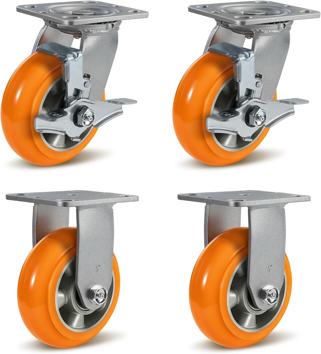 Caster Wheels, 5' Heavy Duty Industrial Swivel Caster, Crowned Tread Aluminum Core Thickened Polyurethane Casters Set of 4, Wheels for Cart Toolbox (2 Brake & 2 Rigid)