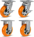 Caster Wheels, 5' Heavy Duty Industrial Swivel Caster, Crowned Tread Aluminum Core Thickened Polyurethane Casters Set of 4, Wheels for Cart Toolbox (2 Brake & 2 Rigid)