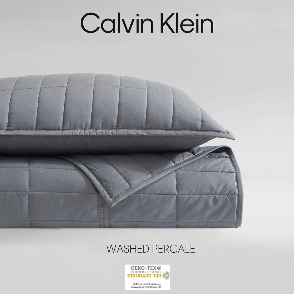 Calvin Klein - Queen Quilt Set, Cotton Percale Weave Bedding with Matching Shams, Crisp & Cool, Oeko-Tex Certified (Washed Percale Graphite Grey)